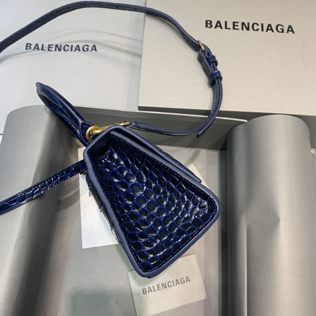 Balenciaga Hourglass XS Handbag Crocodile Embossed Shoulder Bag Dark Blue